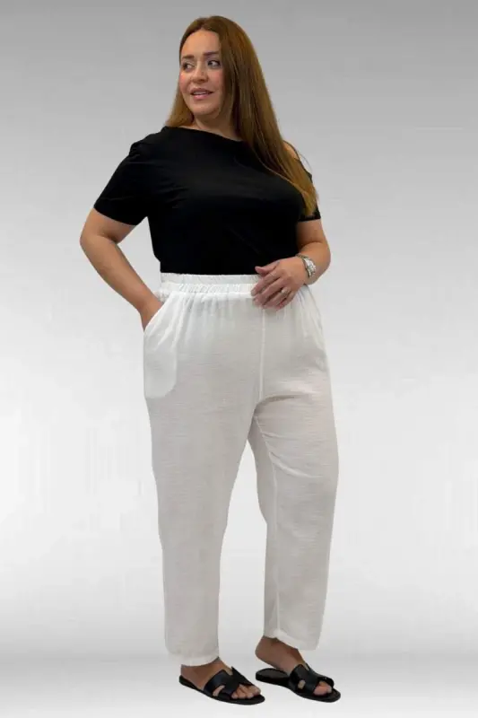 59022 Büyük Beden Paçası Yarım Lastikli Müslin Pantolon - Ekru - BÜYÜKBEDENIZ
