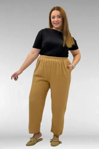59022 Plus Size Half-Elastic Hem Muslin Trousers - Biscuit - 1