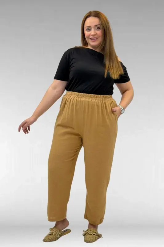 59022 Plus Size Half-Elastic Hem Muslin Trousers - Biscuit - 1