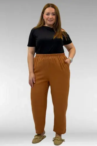 59022 Plus Size Half-Elastic Hem Muslin Trousers - Cinnamon - 1
