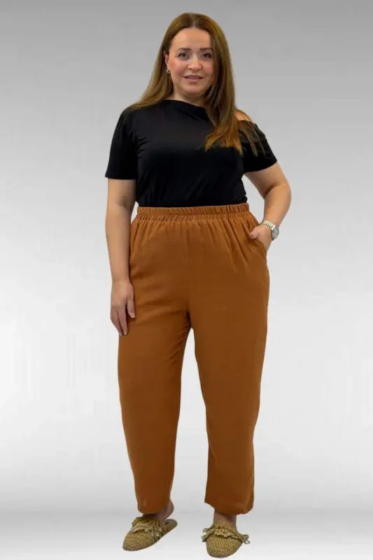 59022 Plus Size Half-Elastic Hem Muslin Trousers - Cinnamon - 1
