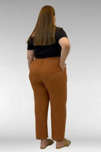 59022 Plus Size Half-Elastic Hem Muslin Trousers - Cinnamon - 3
