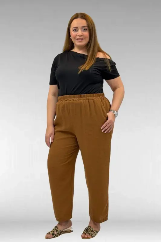 59022 Plus Size Muslin Pants with Elastic Hem - Brown - 1