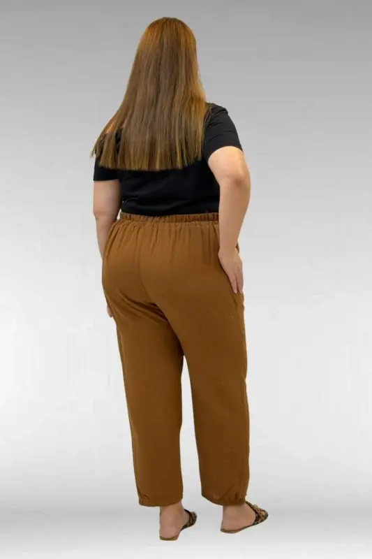 59022 Plus Size Muslin Pants with Elastic Hem - Brown - 3