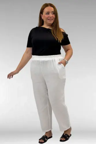 59022 Plus Size Muslin Pants with Elastic Hem - Ecru - 3