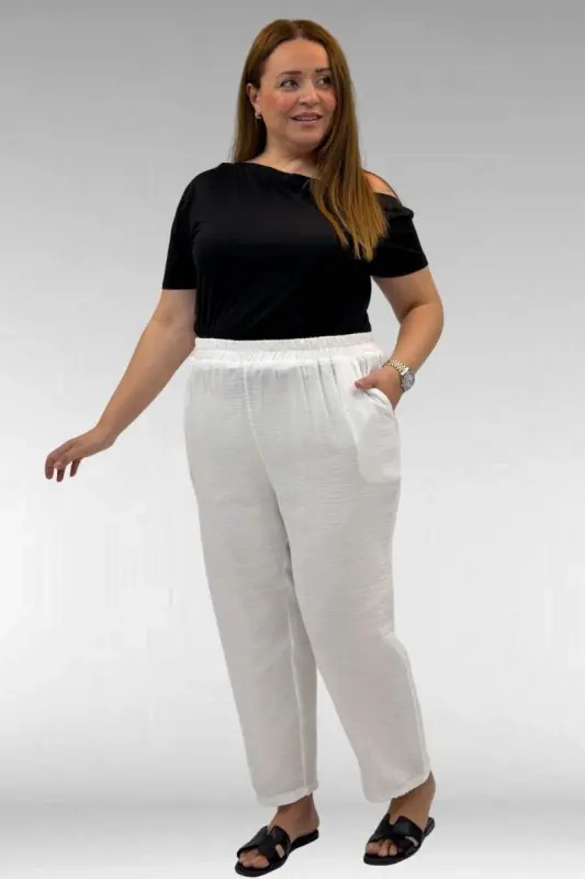 59022 Plus Size Muslin Pants with Elastic Hem - Ecru - 3