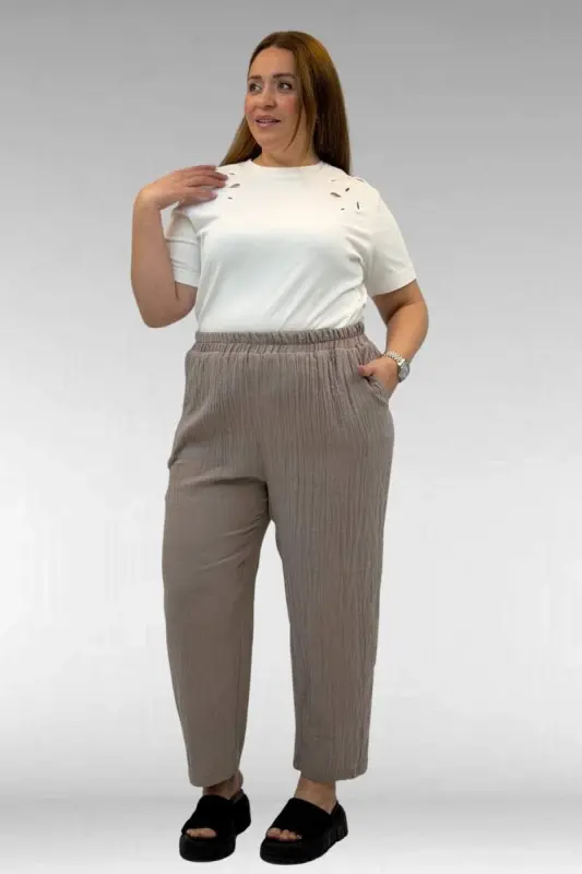 59022 Plus Size Muslin Pants with Elastic Hem - Mink - BÜYÜKBEDENIZ
