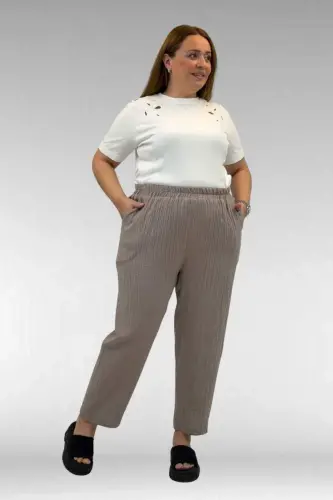 59022 Plus Size Muslin Pants with Elastic Hem - Mink - 3