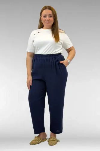 59022 Plus Size Muslin Pants with Elastic Hem - Navy Blue - 1