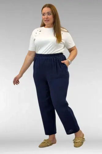 59022 Plus Size Muslin Pants with Elastic Hem - Navy Blue - 3