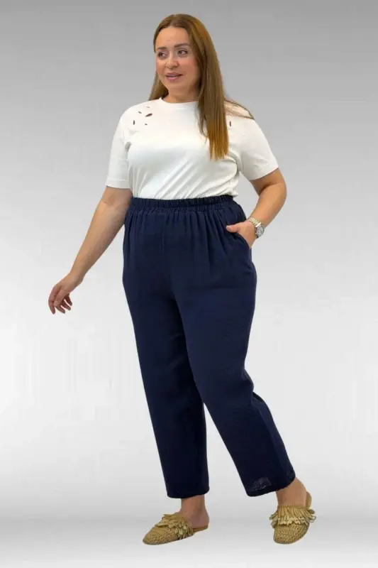 59022 Plus Size Muslin Pants with Elastic Hem - Navy Blue - 3