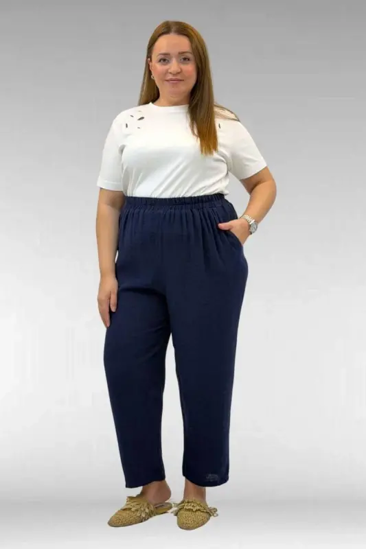 59022 Plus Size Muslin Pants with Elastic Hem - Navy Blue - BÜYÜKBEDENIZ