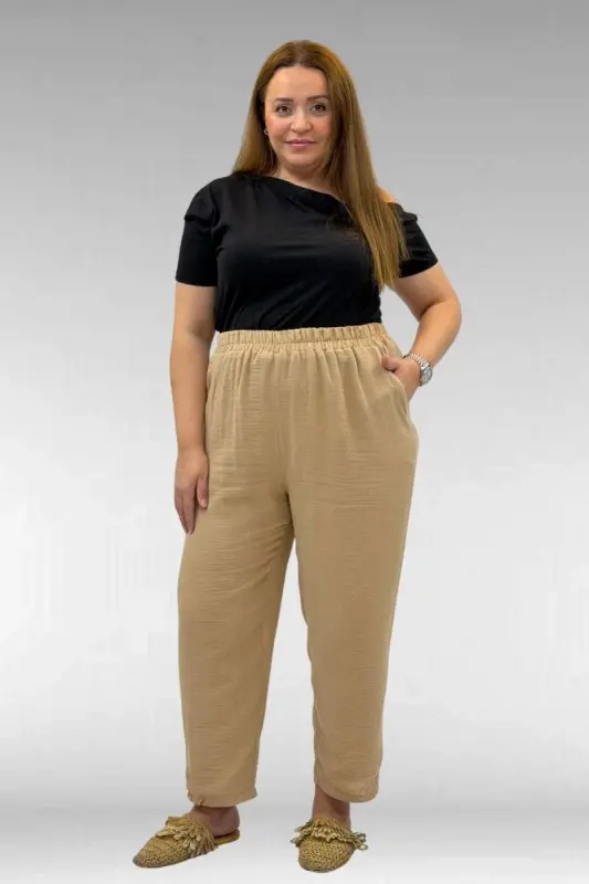 59022 Plus Size Muslin Pants with Half-Elastic Cuffs - Beige - BÜYÜKBEDENIZ