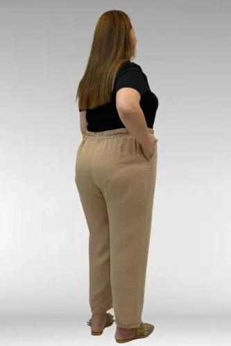 59022 Plus Size Muslin Pants with Half-Elastic Cuffs - Beige - 3