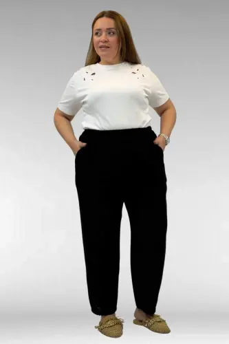 59022 Plus Size Muslin Pants with Half Elastic Hem - Black - 1