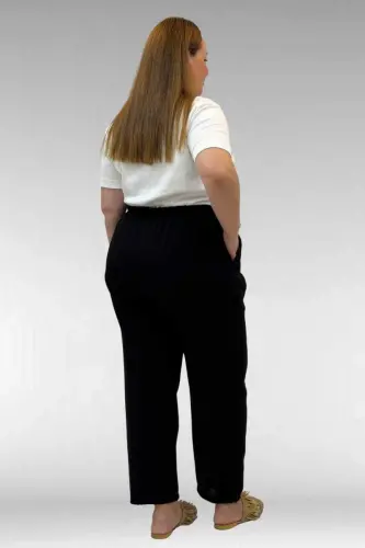 59022 Plus Size Muslin Pants with Half Elastic Hem - Black - 3