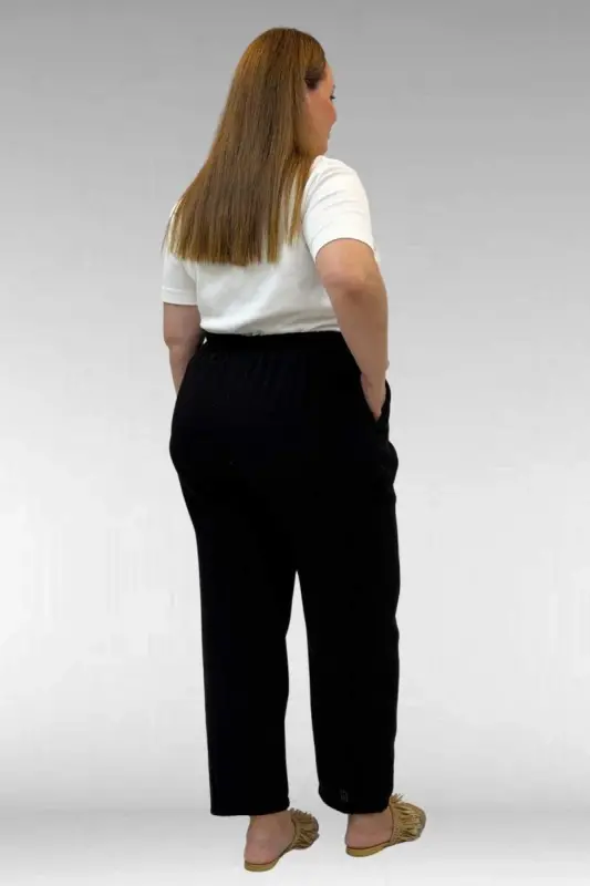 59022 Plus Size Muslin Pants with Half Elastic Hem - Black - 3