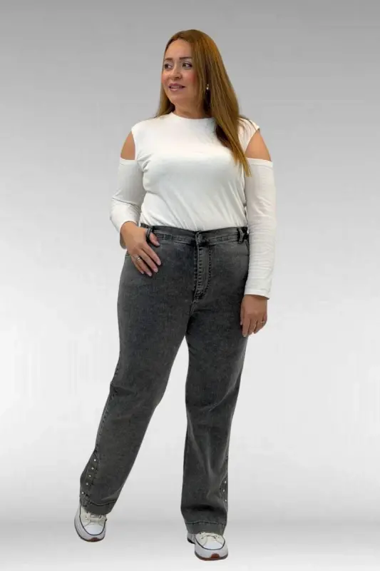 59024 Büyük Beden Paçasında Taş Detaylı Kot Pantolon - Antrasit - 2