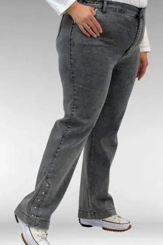 59024 Büyük Beden Paçasında Taş Detaylı Kot Pantolon - Antrasit - 3