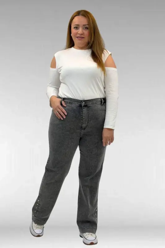 59024 Büyük Beden Paçasında Taş Detaylı Kot Pantolon - Antrasit - BÜYÜKBEDENIZ