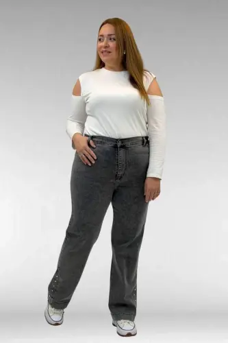 59024 Büyük Beden Paçasında Taş Detaylı Kot Pantolon - Antrasit - BÜYÜKBEDENIZ (1)