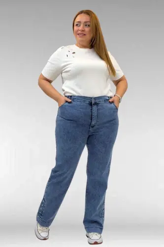 59024 Büyük Beden Paçasında Taş Detaylı Kot Pantolon - Mavi - 1