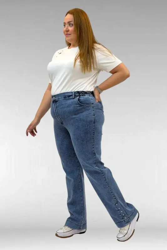 59024 Büyük Beden Paçasında Taş Detaylı Kot Pantolon - Mavi - 2