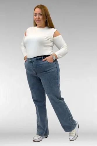 59024 Büyük Beden Paçasında Taş Detaylı Kot Pantolon - Petrol - BÜYÜKBEDENIZ (1)