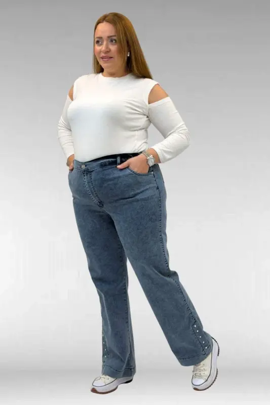 59024 Büyük Beden Paçasında Taş Detaylı Kot Pantolon - Petrol - 2