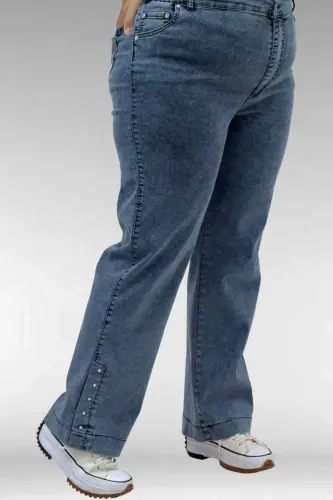 59024 Büyük Beden Paçasında Taş Detaylı Kot Pantolon - Petrol - 3