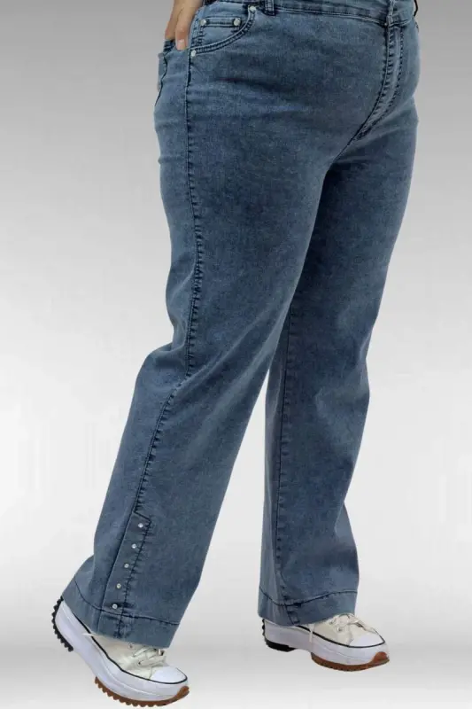 59024 Büyük Beden Paçasında Taş Detaylı Kot Pantolon - Petrol - 3