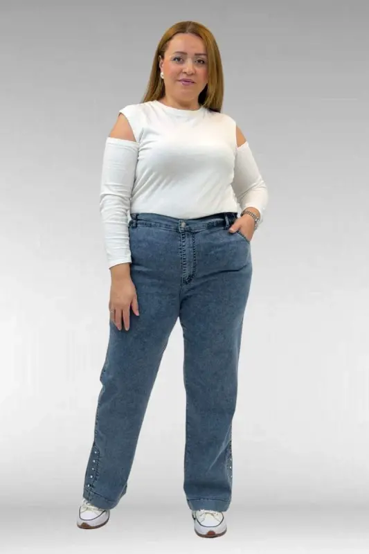 59024 Büyük Beden Paçasında Taş Detaylı Kot Pantolon - Petrol - BÜYÜKBEDENIZ