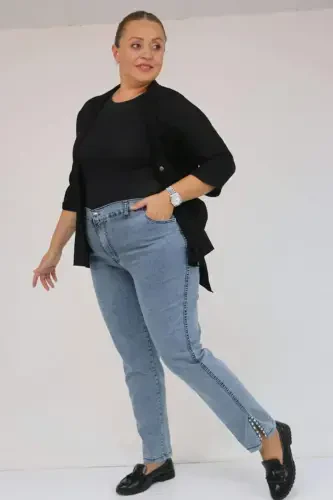 59031 Plus Size Slit Hem Jeans with Stone Detail on Slit - Cold Blue - 1