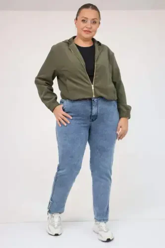 59031 Plus Size Slit Hem Jeans with Stone Detail on Slit - Snow Wash Blue - 1