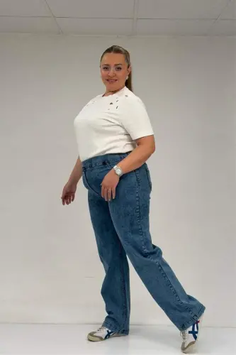 59036 Büyük Beden Beli Lastikli Cep Görünümlü Kot Pantolon - Lacivert - 2