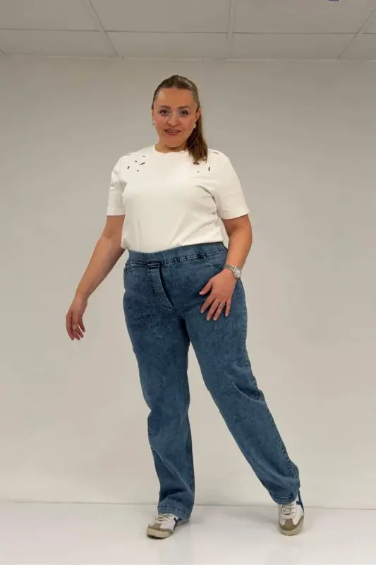 59036 Büyük Beden Beli Lastikli Cep Görünümlü Kot Pantolon - Lacivert - BÜYÜKBEDENIZ