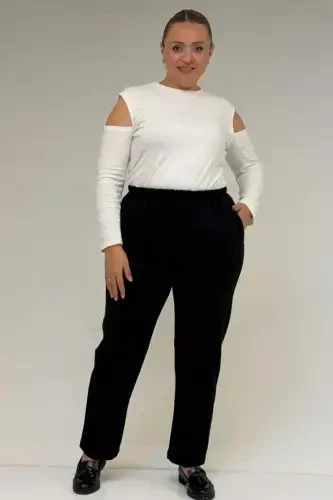 59043 Plus Size High Waist Elasticated Steel Trousers - Black - 1