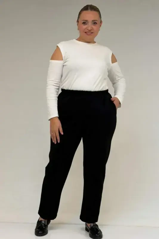 59043 Plus Size High Waist Elasticated Steel Trousers - Black - BÜYÜKBEDENIZ