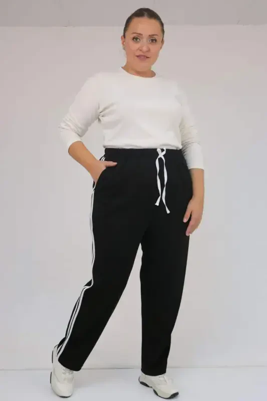 59505 Plus Size High Waist Striped Side Modal Sweatpants - Black - BÜYÜKBEDENIZ