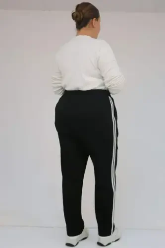 59505 Plus Size High Waist Striped Side Modal Sweatpants - Black - 3