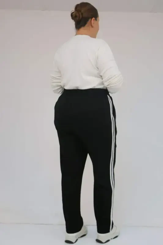 59505 Plus Size High Waist Striped Side Modal Sweatpants - Black - 3