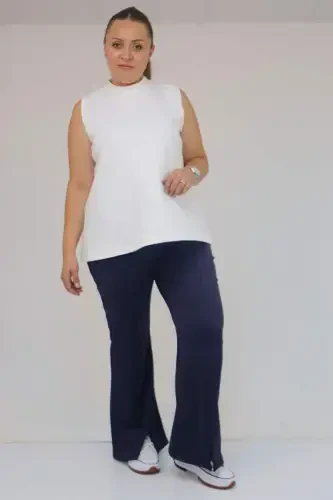 59506 Plus Size Slit Hem Flare Leggings - Navy Blue - 1
