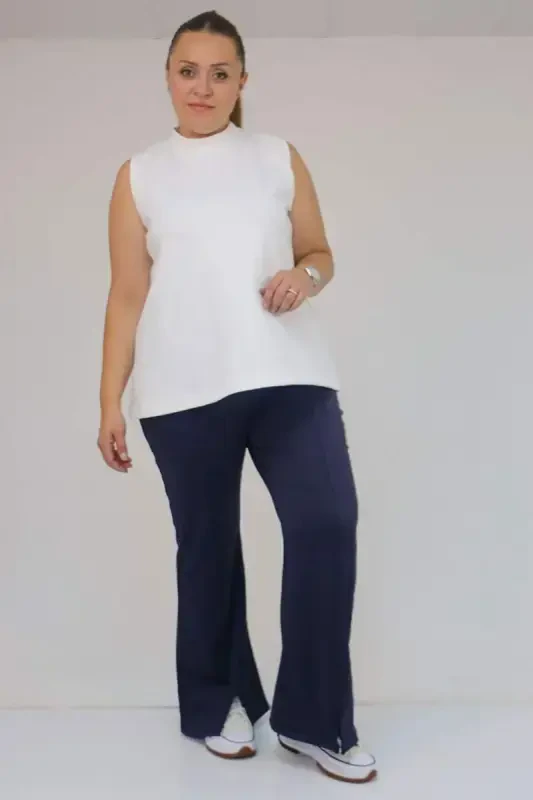 59506 Plus Size Slit Hem Flare Leggings - Navy Blue - 1