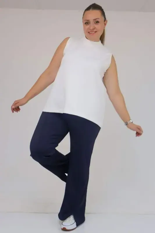 59506 Plus Size Slit Hem Flare Leggings - Navy Blue - 2