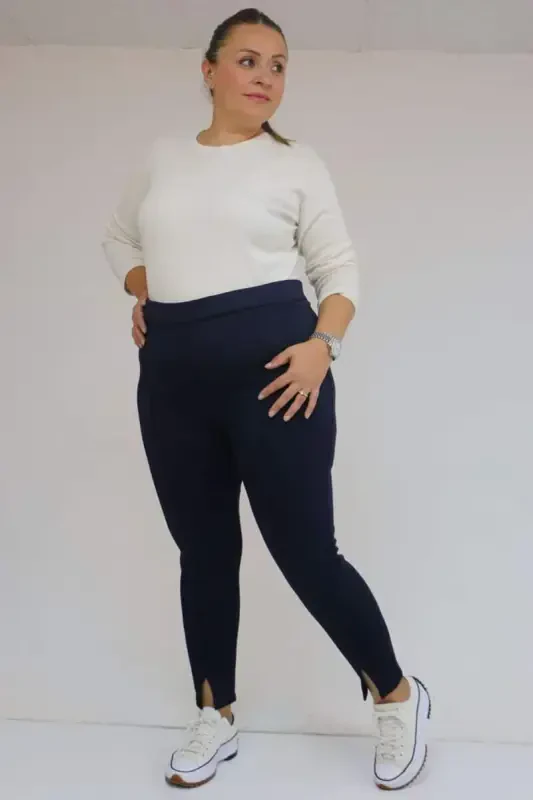 59507 Plus Size Slit Front Fleece Lined Leggings - Navy Blue - 2