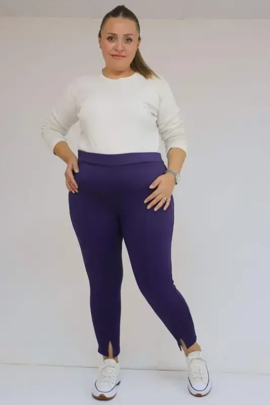 59507 Plus Size Slit Front Fleece Lined Leggings - Purple - BÜYÜKBEDENIZ