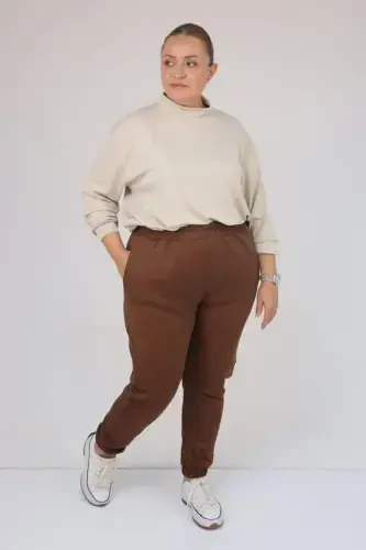 59508 Plus Size Partial Elastic Waist Leggings - Brown - 1