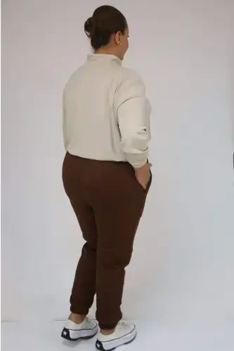 59508 Plus Size Partial Elastic Waist Leggings - Brown - 3