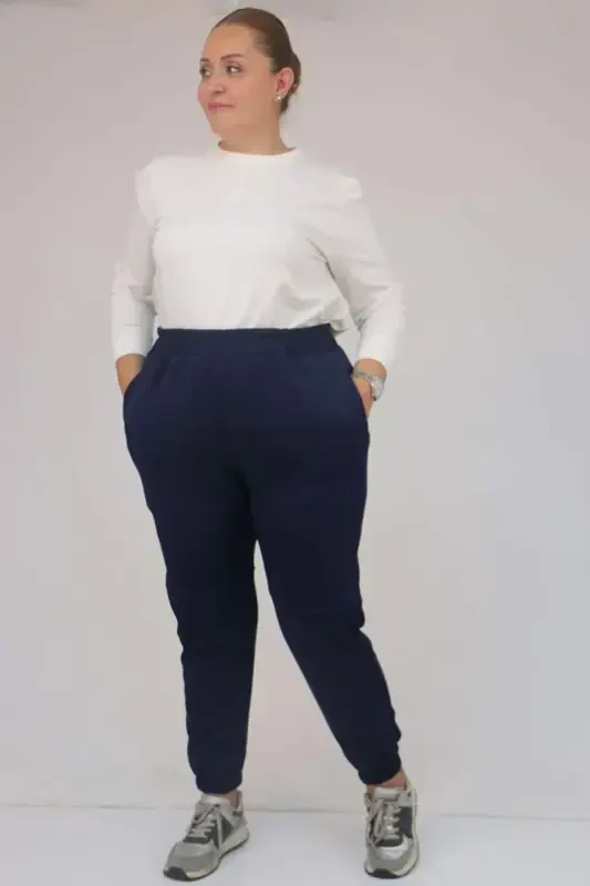 59508 Plus Size Patchwork Waistband Leggings - Navy Blue - BÜYÜKBEDENIZ
