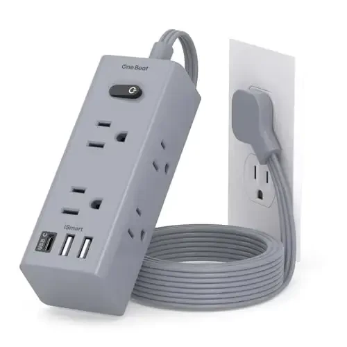 5Ft Uzaytirgich sim bir nechta rozetka bilan, yassi vilkali elektr uzatgich, 5 Ft uzunlikdagi simli, 6 rozetkali 3 USB portli (1 USB C), sayohat, yotoqxona uchun ko'p rozetkali devor vilkasi - Kulrang 